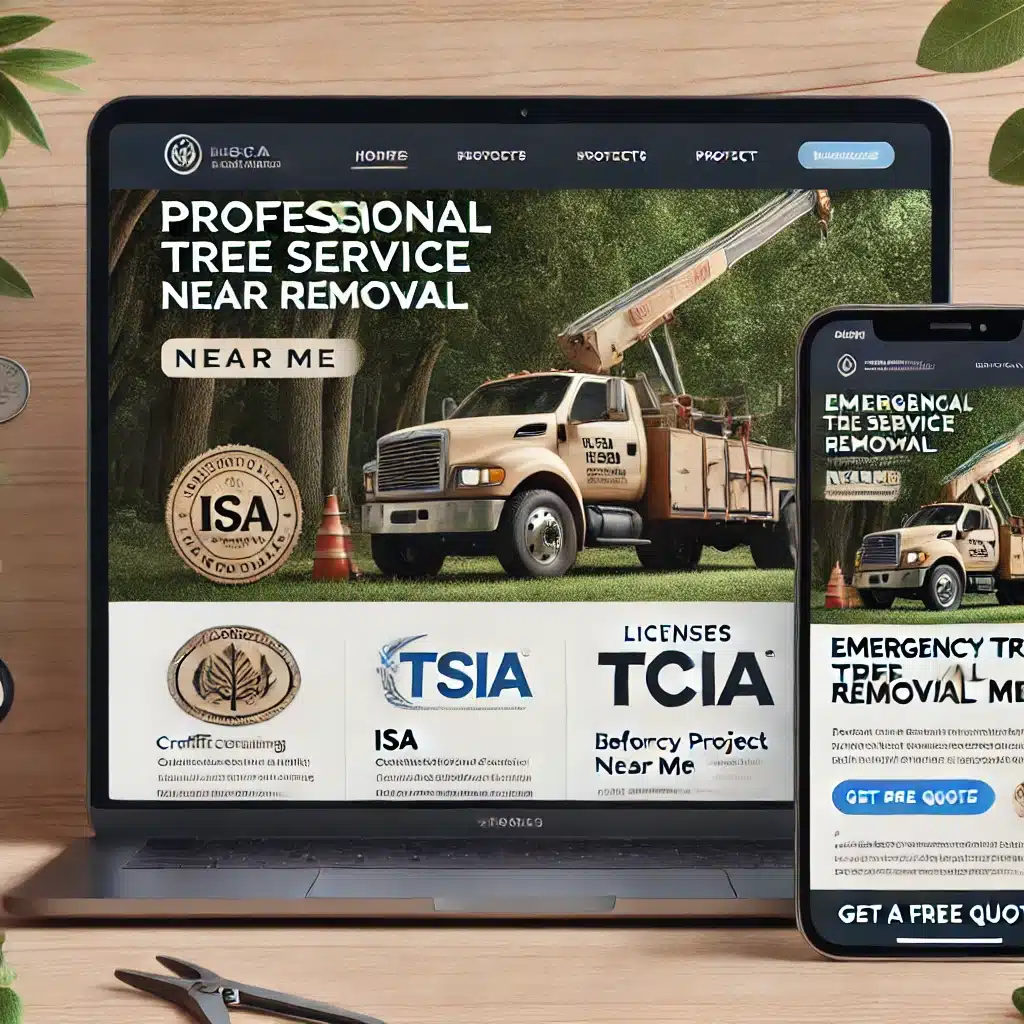 A professional tree service company website displayed on a mobile phone and a laptop screen. The website features trust-building elements such as certifications (ISA, TCIA), licenses, and a before/after project gallery. It highlights local SEO-optimized keywords like "emergency tree removal near me" and includes a prominent "Get a Free Quote" call-to-action button. The design is modern, mobile-friendly, and visually appealing.