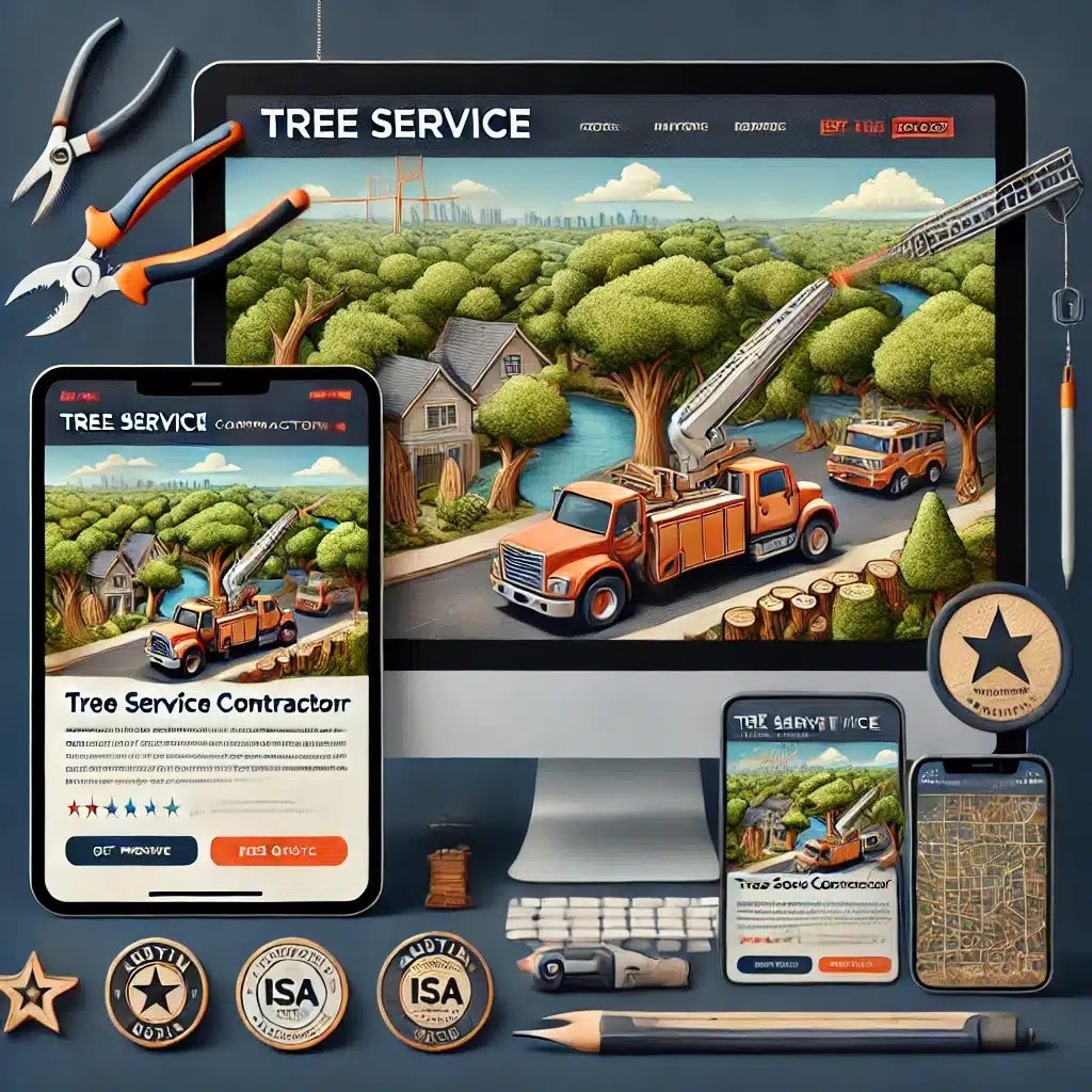 A modern tree service contractor's website displayed on a laptop, tablet, and smartphone, featuring a professional design with a gallery of before-and-after projects, certification badges (ISA, TCIA), and a prominent "Get a Free Quote" button. A detailed map of Austin, Texas, with location markers is shown in the background, emphasizing local SEO and the company's strong presence in the Austin market.